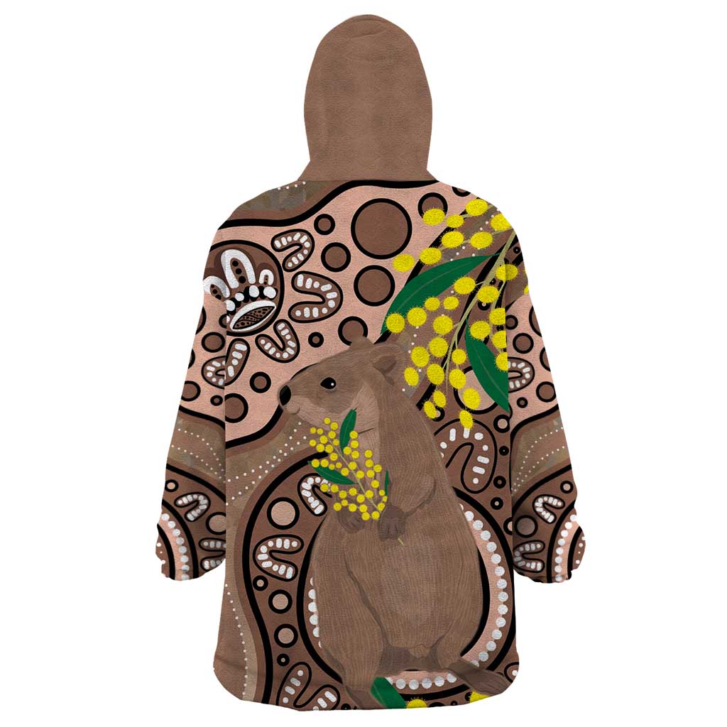 Australia Cute Quokka Wearable Blanket Hoodie Indigenous Art With Golden Wattle