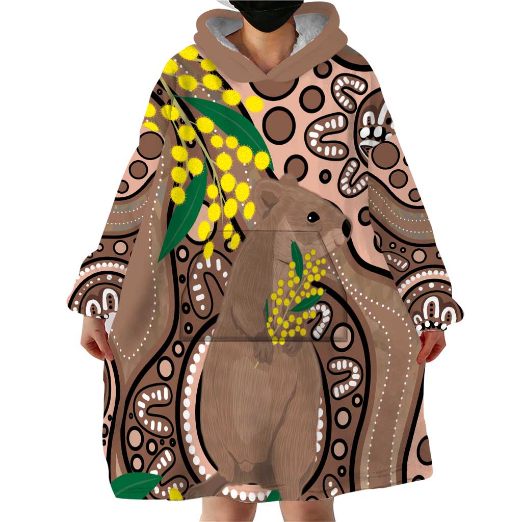 Australia Cute Quokka Wearable Blanket Hoodie Indigenous Art With Golden Wattle