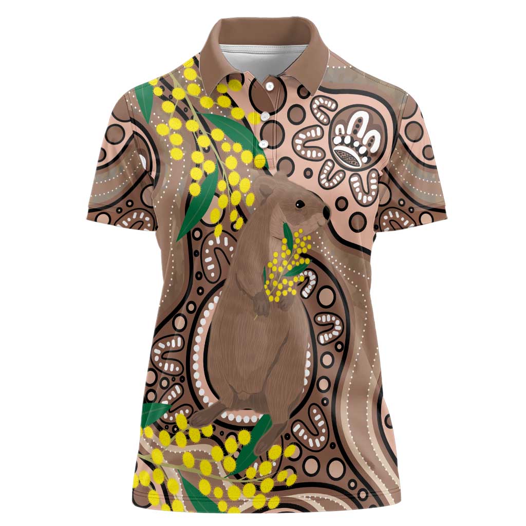 Australia Cute Quokka Women Polo Shirt Indigenous Art With Golden Wattle