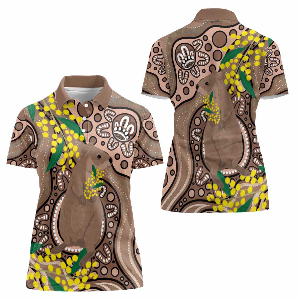 Australia Cute Quokka Women Polo Shirt Indigenous Art With Golden Wattle