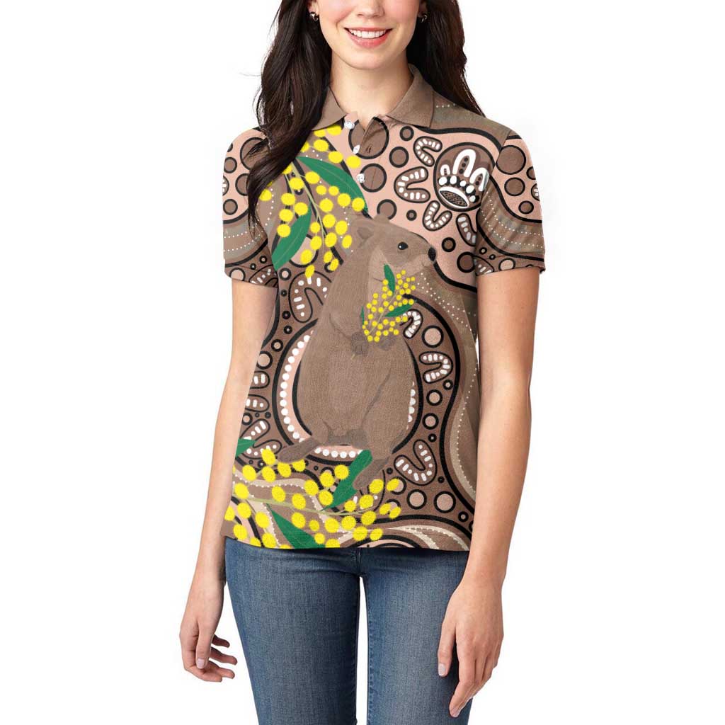 Australia Cute Quokka Women Polo Shirt Indigenous Art With Golden Wattle