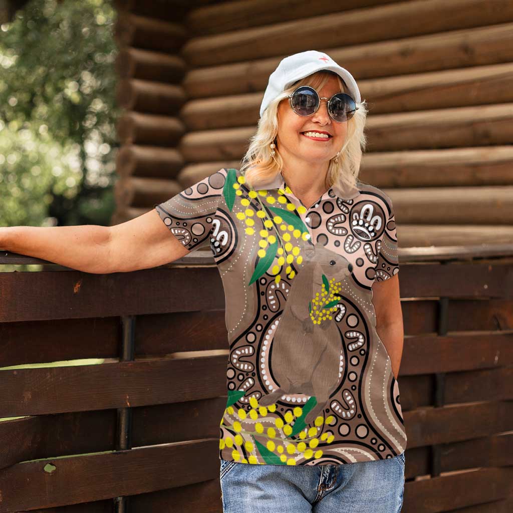 Australia Cute Quokka Women Polo Shirt Indigenous Art With Golden Wattle