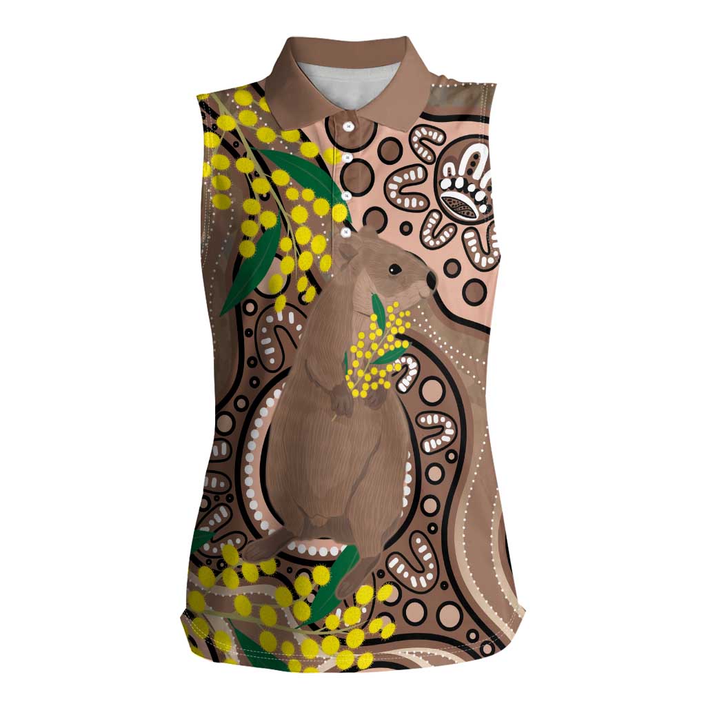 Australia Cute Quokka Women Sleeveless Polo Shirt Indigenous Art With Golden Wattle