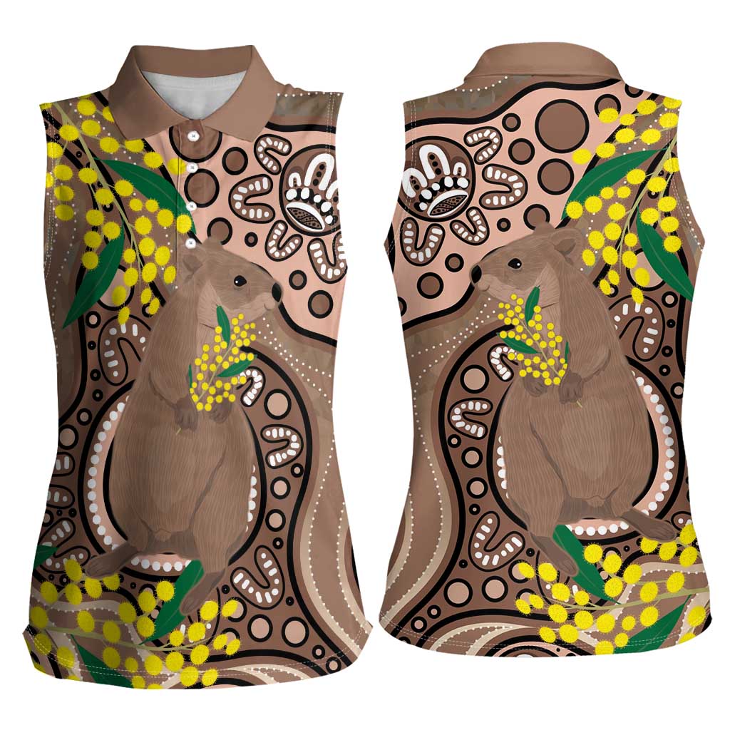 Australia Cute Quokka Women Sleeveless Polo Shirt Indigenous Art With Golden Wattle