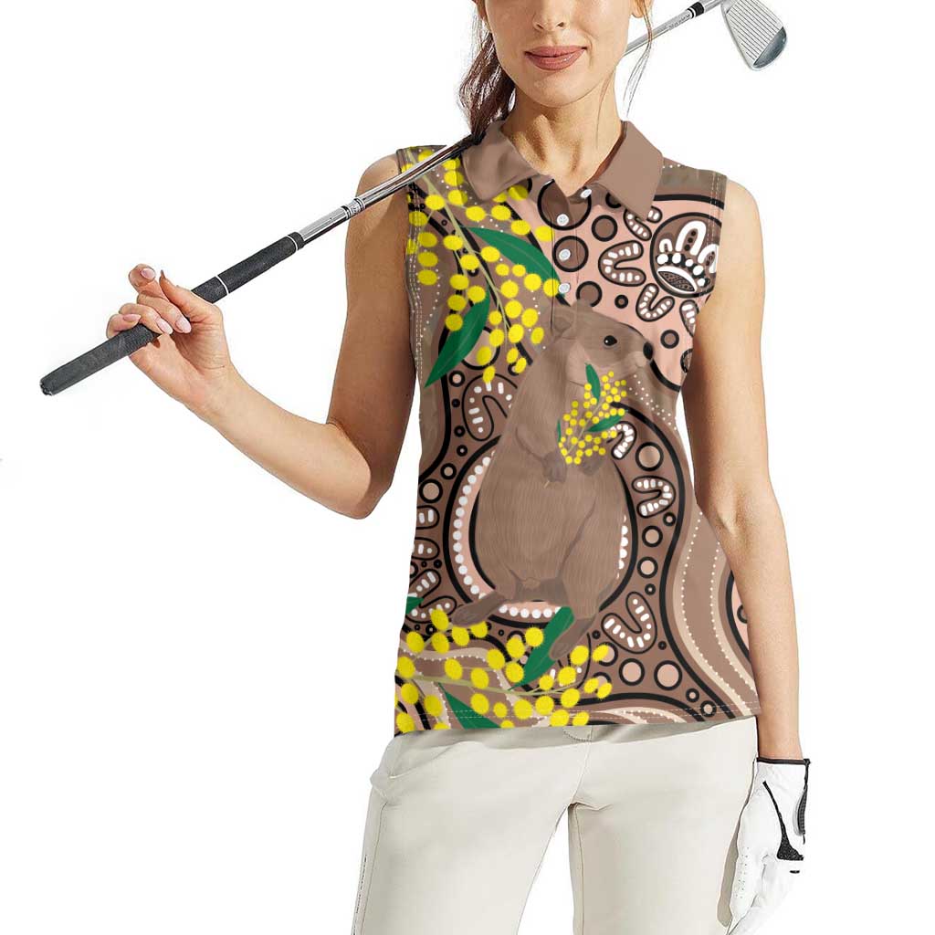Australia Cute Quokka Women Sleeveless Polo Shirt Indigenous Art With Golden Wattle