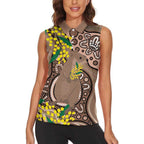 Australia Cute Quokka Women Sleeveless Polo Shirt Indigenous Art With Golden Wattle
