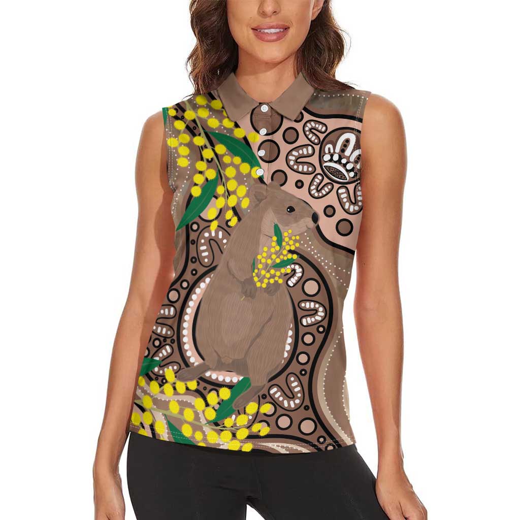 Australia Cute Quokka Women Sleeveless Polo Shirt Indigenous Art With Golden Wattle
