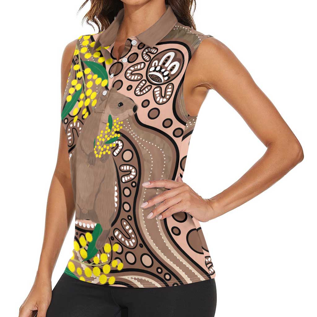 Australia Cute Quokka Women Sleeveless Polo Shirt Indigenous Art With Golden Wattle