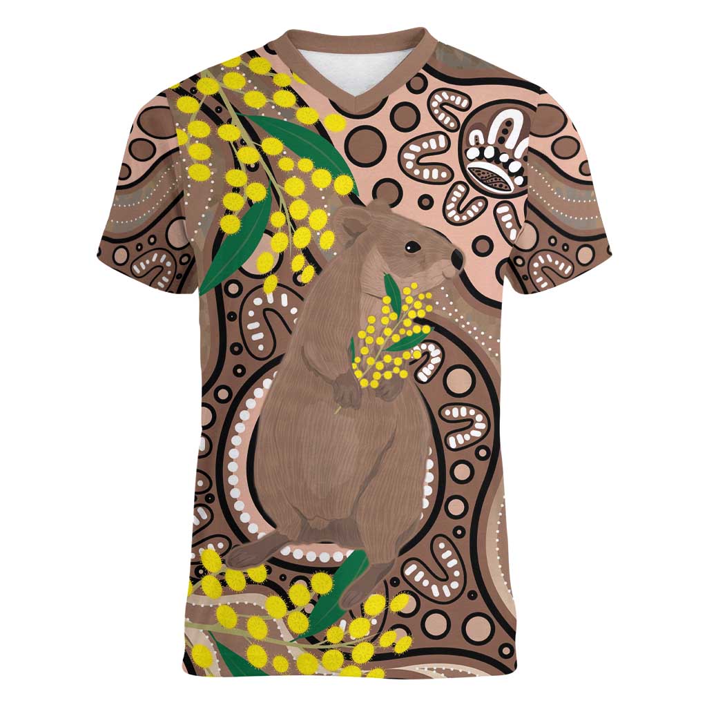 Australia Cute Quokka Women V-Neck T-Shirt Indigenous Art With Golden Wattle