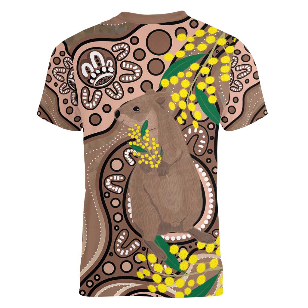 Australia Cute Quokka Women V-Neck T-Shirt Indigenous Art With Golden Wattle
