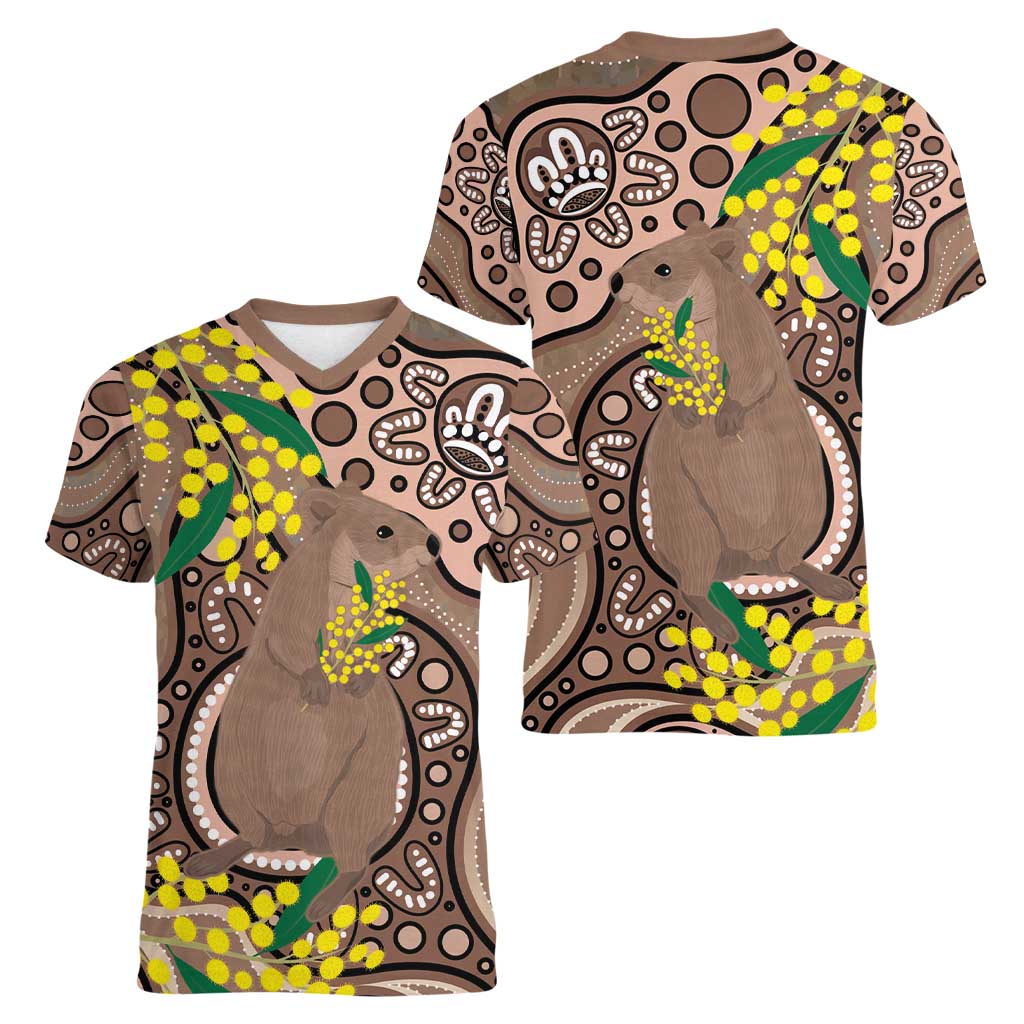 Australia Cute Quokka Women V-Neck T-Shirt Indigenous Art With Golden Wattle