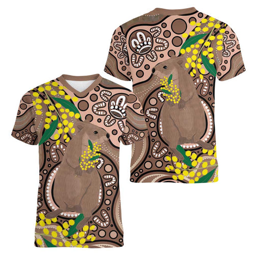 Australia Cute Quokka Women V-Neck T-Shirt Indigenous Art With Golden Wattle