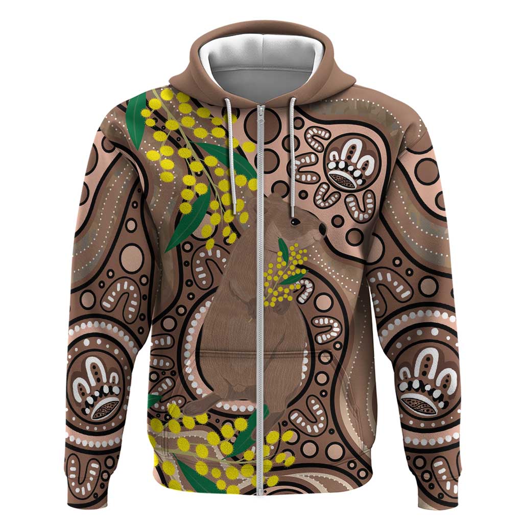 Australia Cute Quokka Zip Hoodie Indigenous Art With Golden Wattle