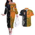 Custom Fiji And Australia Rugby Couples Matching Off The Shoulder Long Sleeve Dress and Hawaiian Shirt Fijian Tapa Pattern With Aussie Aboriginal Art