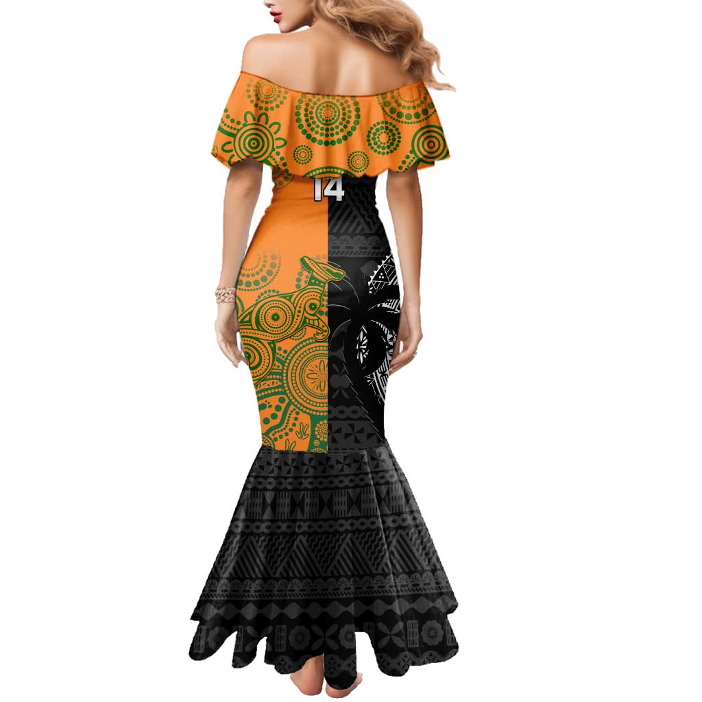 Custom Fiji And Australia Rugby Family Matching Mermaid Dress and Hawaiian Shirt Fijian Tapa Pattern With Aussie Aboriginal Art