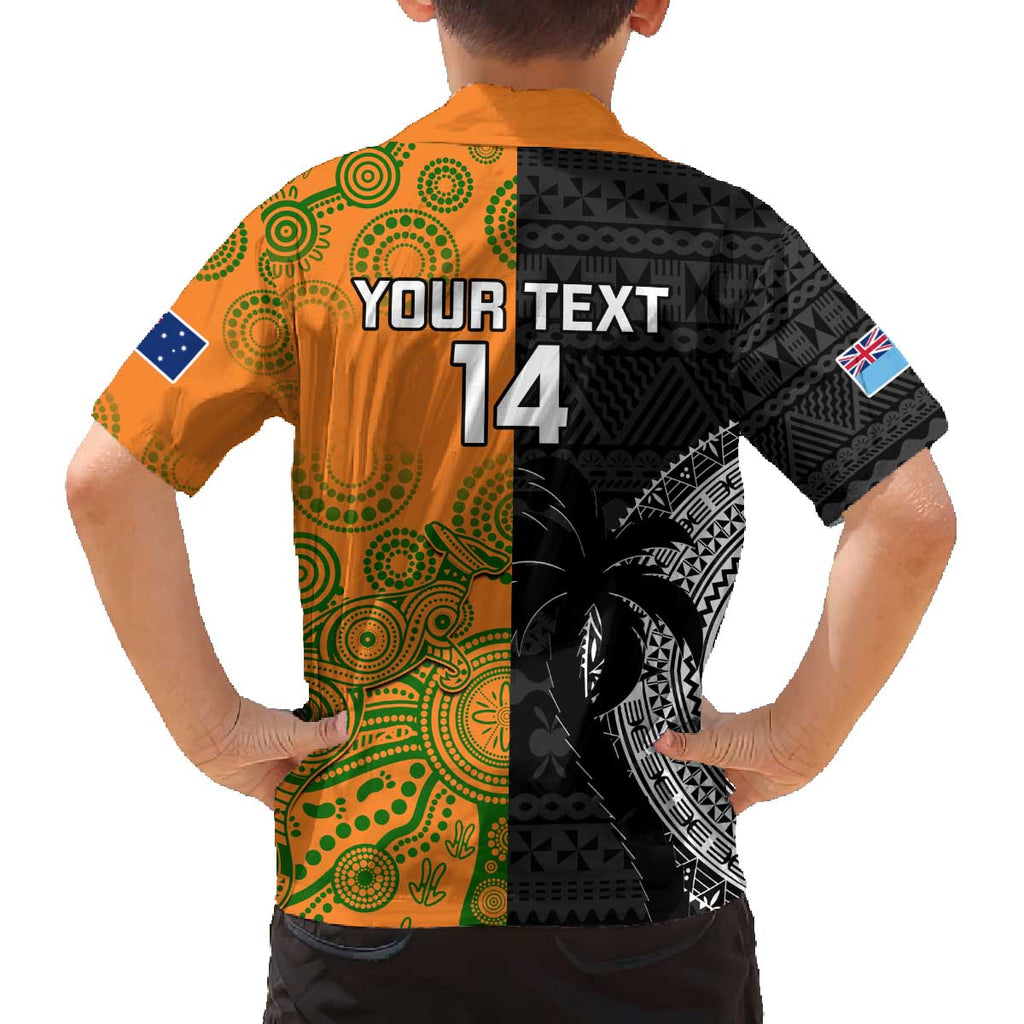 Custom Fiji And Australia Rugby Family Matching Off Shoulder Short Dress and Hawaiian Shirt Fijian Tapa Pattern With Aussie Aboriginal Art