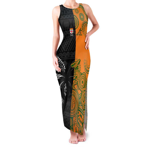 Custom Fiji And Australia Rugby Family Matching Tank Maxi Dress and Hawaiian Shirt Fijian Tapa Pattern With Aussie Aboriginal Art