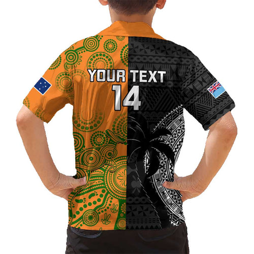 Custom Fiji And Australia Rugby Kid Hawaiian Shirt Fijian Tapa Pattern With Aussie Aboriginal Art