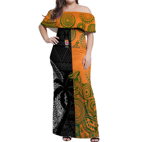 Custom Fiji And Australia Rugby Off Shoulder Maxi Dress Fijian Tapa Pattern With Aussie Aboriginal Art