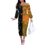 Custom Fiji And Australia Rugby Off The Shoulder Long Sleeve Dress Fijian Tapa Pattern With Aussie Aboriginal Art