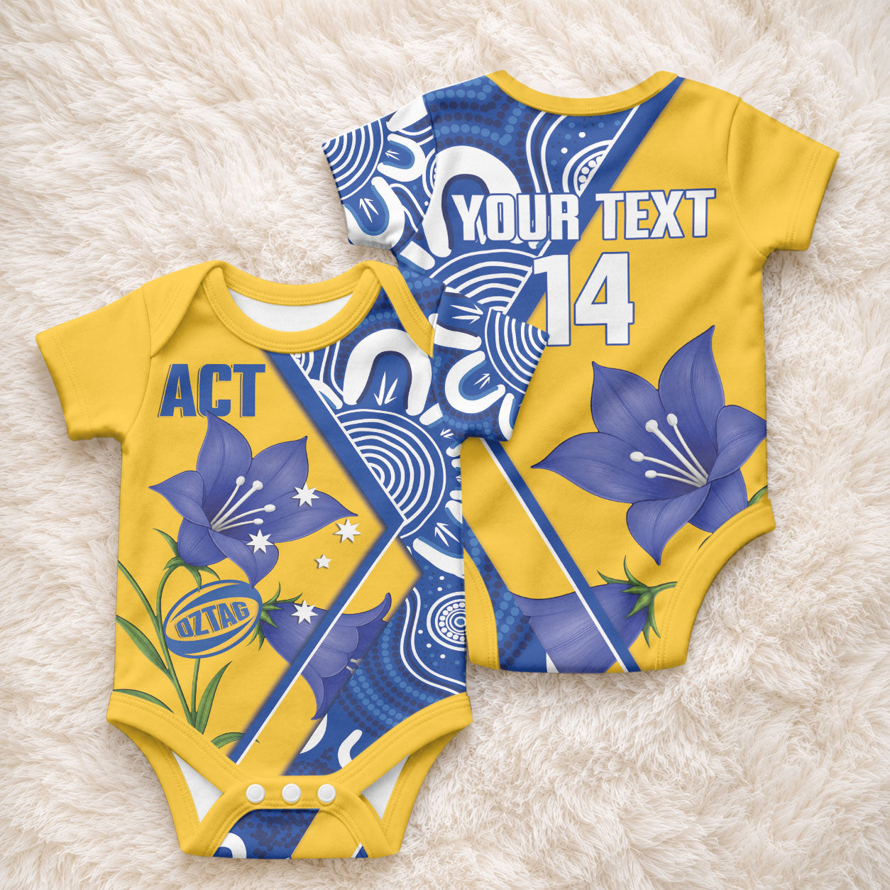 Australian Capital Territory Oztag Custom Baby Onesie ACT Royal Bluebell Indigenous Art