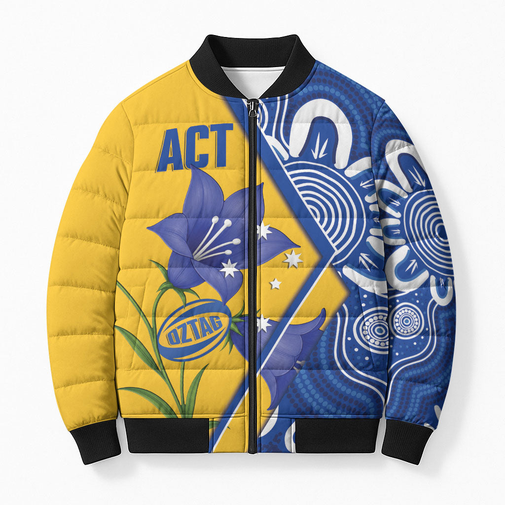 Australian Capital Territory Oztag Custom Bomber Puffer Jacket ACT Royal Bluebell Indigenous Art