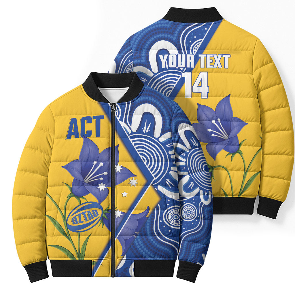 Australian Capital Territory Oztag Custom Bomber Puffer Jacket ACT Royal Bluebell Indigenous Art