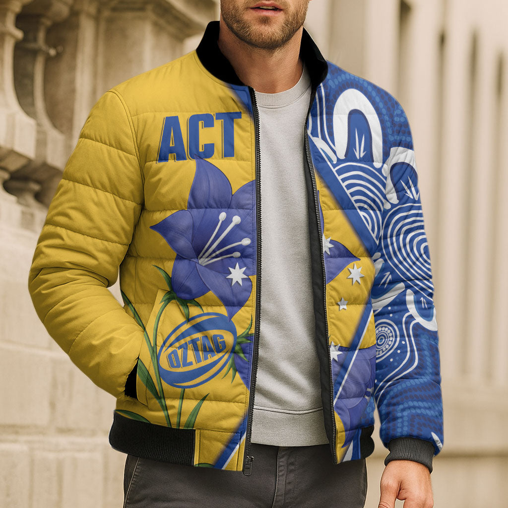 Australian Capital Territory Oztag Custom Bomber Puffer Jacket ACT Royal Bluebell Indigenous Art