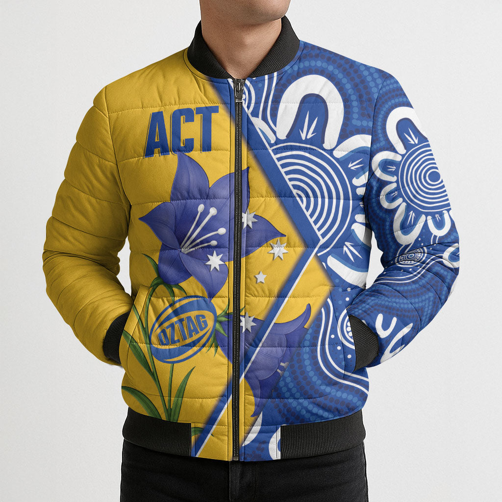 Australian Capital Territory Oztag Custom Bomber Puffer Jacket ACT Royal Bluebell Indigenous Art