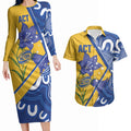 Australian Capital Territory Oztag Custom Couples Matching Long Sleeve Bodycon Dress and Hawaiian Shirt ACT Royal Bluebell Indigenous Art
