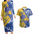 Australian Capital Territory Oztag Custom Couples Matching Long Sleeve Bodycon Dress and Hawaiian Shirt ACT Royal Bluebell Indigenous Art