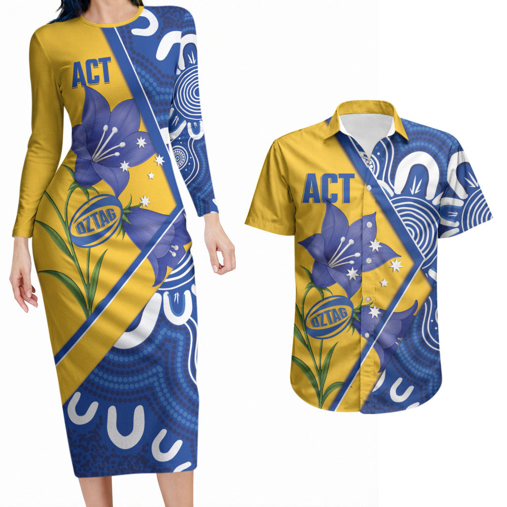 Australian Capital Territory Oztag Custom Couples Matching Long Sleeve Bodycon Dress and Hawaiian Shirt ACT Royal Bluebell Indigenous Art