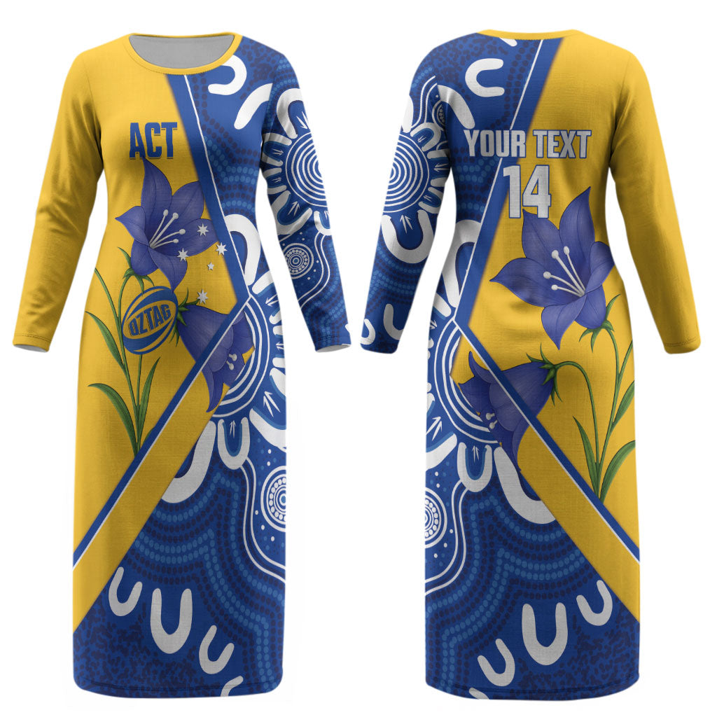 Australian Capital Territory Oztag Custom Couples Matching Long Sleeve Bodycon Dress and Hawaiian Shirt ACT Royal Bluebell Indigenous Art