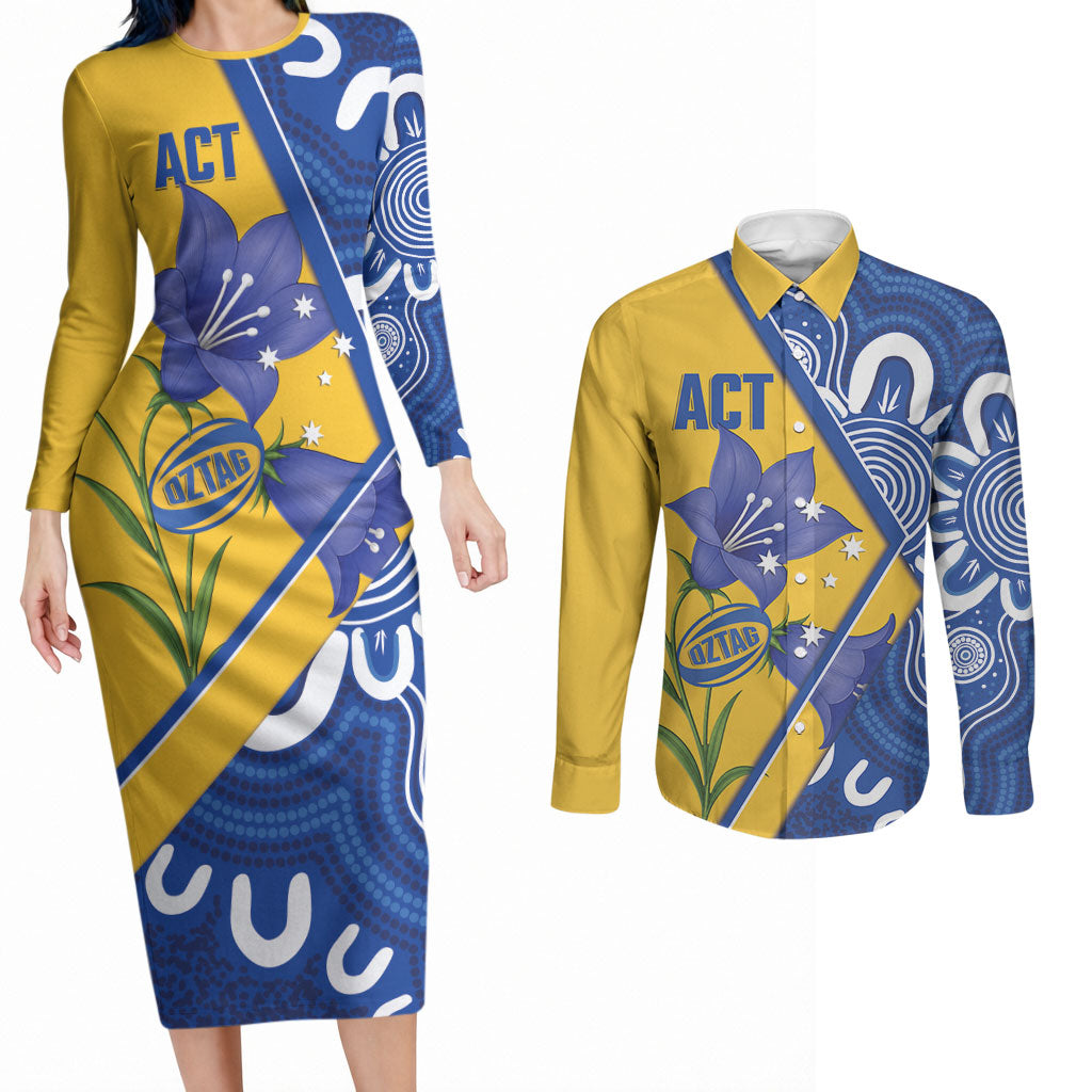 Australian Capital Territory Oztag Custom Couples Matching Long Sleeve Bodycon Dress and Long Sleeve Button Shirt ACT Royal Bluebell Indigenous Art