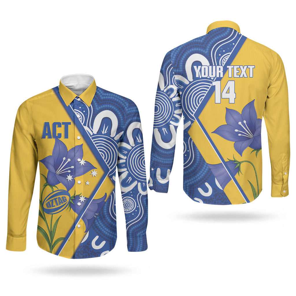 Australian Capital Territory Oztag Custom Couples Matching Long Sleeve Bodycon Dress and Long Sleeve Button Shirt ACT Royal Bluebell Indigenous Art