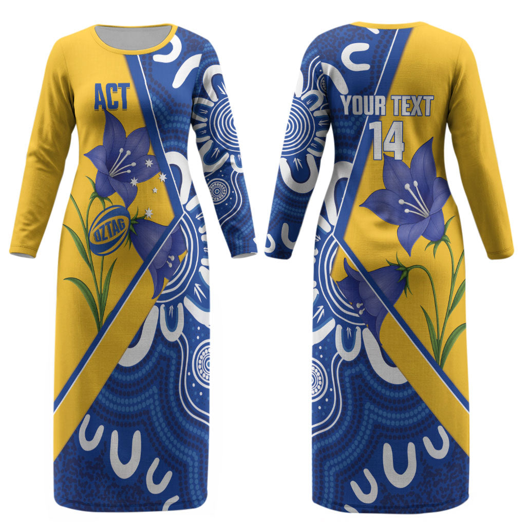 Australian Capital Territory Oztag Custom Couples Matching Long Sleeve Bodycon Dress and Long Sleeve Button Shirt ACT Royal Bluebell Indigenous Art