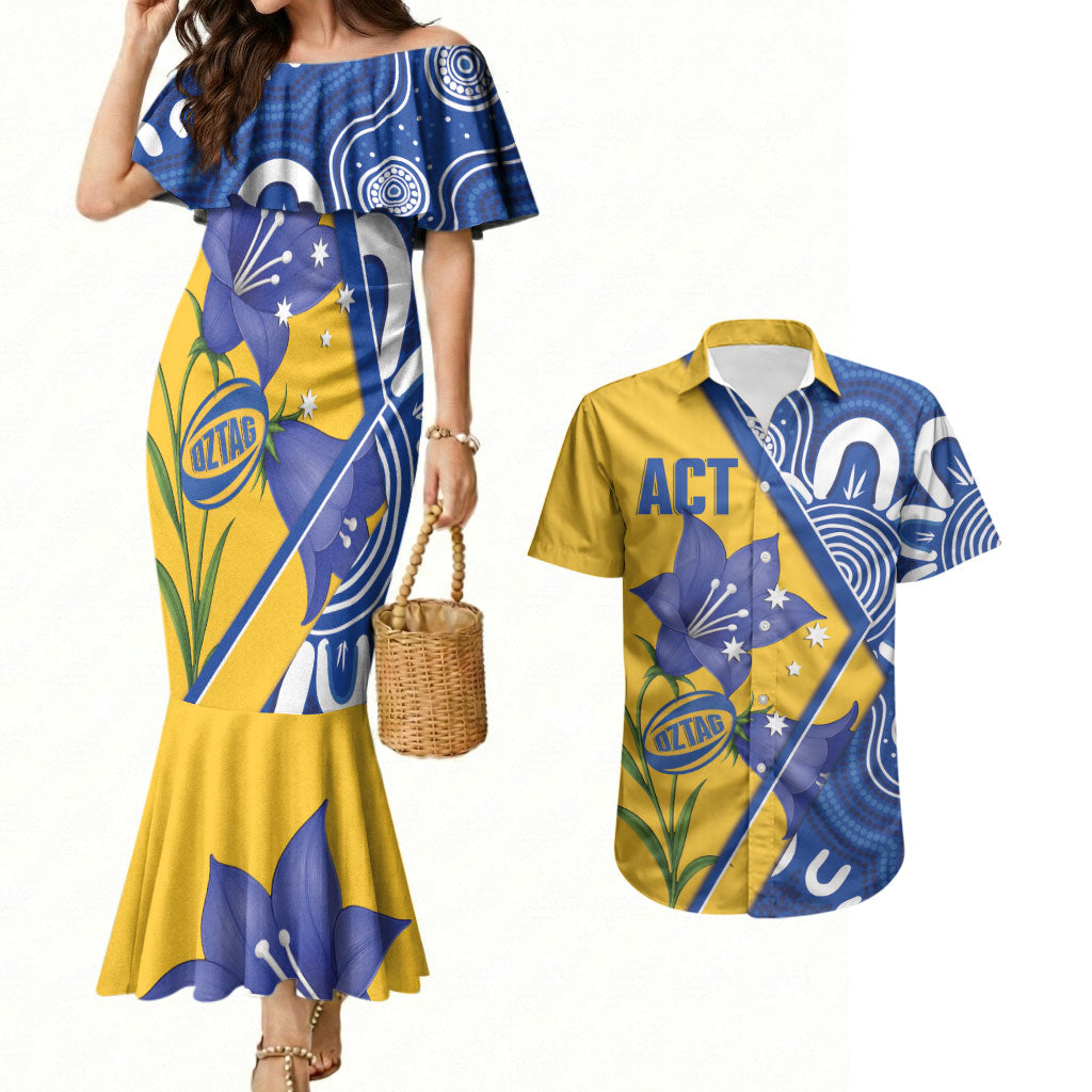 Australian Capital Territory Oztag Custom Couples Matching Mermaid Dress and Hawaiian Shirt ACT Royal Bluebell Indigenous Art