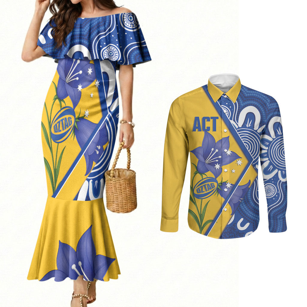 Australian Capital Territory Oztag Custom Couples Matching Mermaid Dress and Long Sleeve Button Shirt ACT Royal Bluebell Indigenous Art