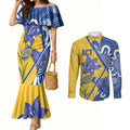 Australian Capital Territory Oztag Custom Couples Matching Mermaid Dress and Long Sleeve Button Shirt ACT Royal Bluebell Indigenous Art