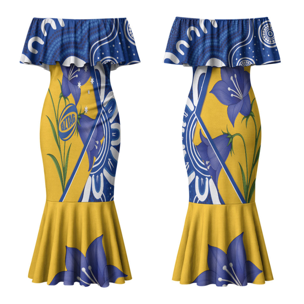 Australian Capital Territory Oztag Custom Couples Matching Mermaid Dress and Long Sleeve Button Shirt ACT Royal Bluebell Indigenous Art