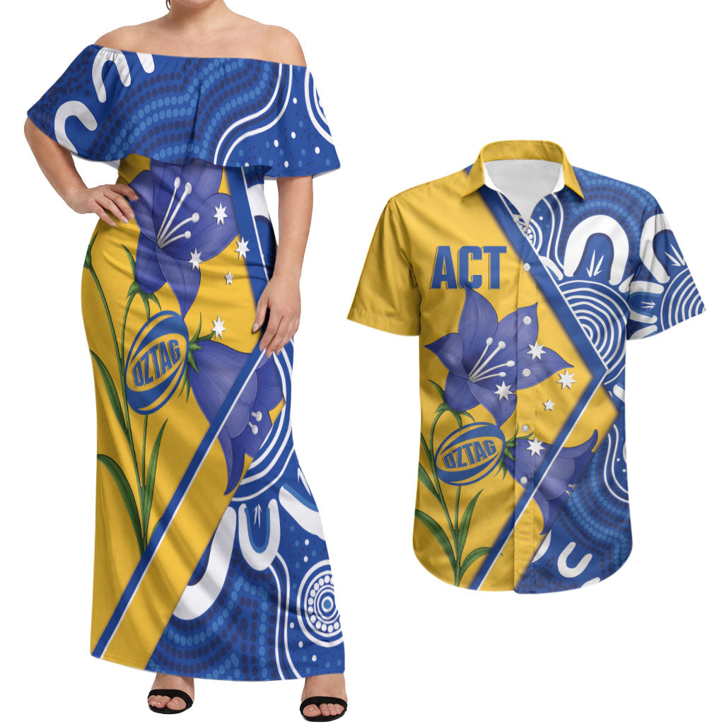 Australian Capital Territory Oztag Custom Couples Matching Off Shoulder Maxi Dress and Hawaiian Shirt ACT Royal Bluebell Indigenous Art