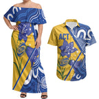 Australian Capital Territory Oztag Custom Couples Matching Off Shoulder Maxi Dress and Hawaiian Shirt ACT Royal Bluebell Indigenous Art