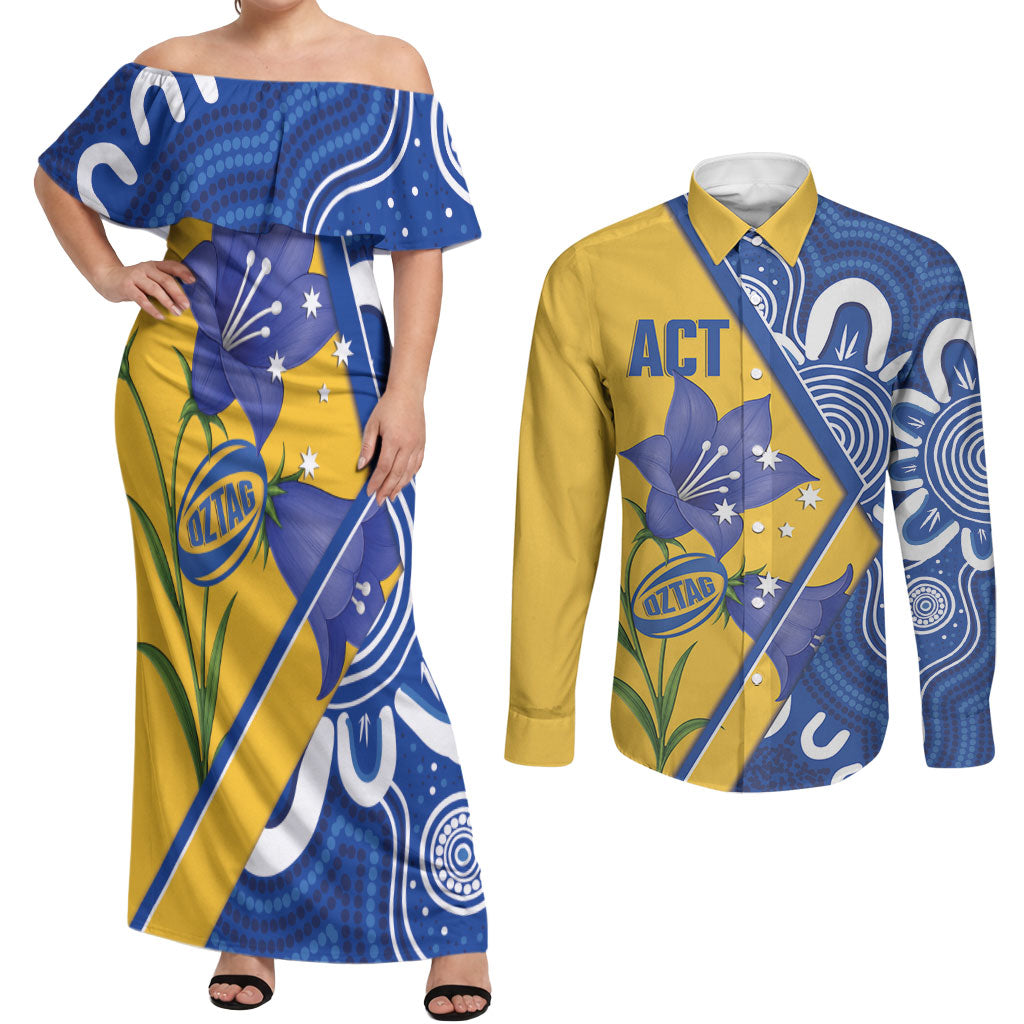 Australian Capital Territory Oztag Custom Couples Matching Off Shoulder Maxi Dress and Long Sleeve Button Shirt ACT Royal Bluebell Indigenous Art