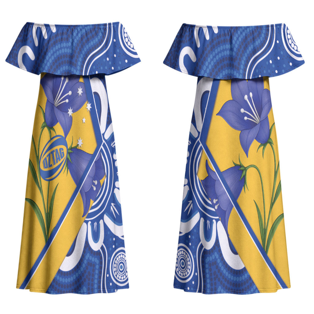 Australian Capital Territory Oztag Custom Couples Matching Off Shoulder Maxi Dress and Long Sleeve Button Shirt ACT Royal Bluebell Indigenous Art