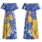 Australian Capital Territory Oztag Custom Couples Matching Off Shoulder Maxi Dress and Long Sleeve Button Shirt ACT Royal Bluebell Indigenous Art