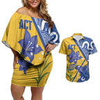 Australian Capital Territory Oztag Custom Couples Matching Off Shoulder Short Dress and Hawaiian Shirt ACT Royal Bluebell Indigenous Art