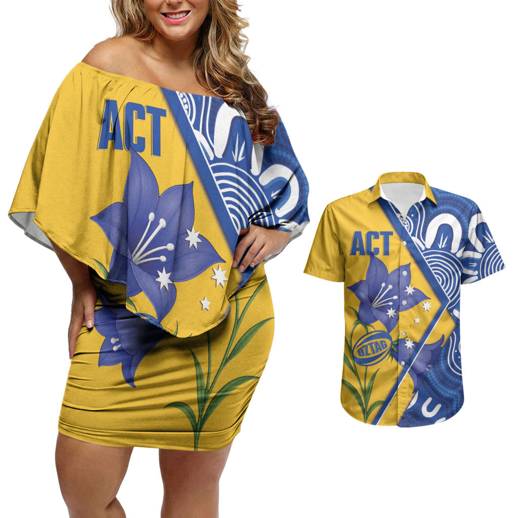 Australian Capital Territory Oztag Custom Couples Matching Off Shoulder Short Dress and Hawaiian Shirt ACT Royal Bluebell Indigenous Art