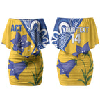 Australian Capital Territory Oztag Custom Couples Matching Off Shoulder Short Dress and Hawaiian Shirt ACT Royal Bluebell Indigenous Art