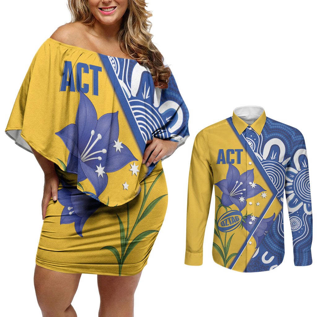 Australian Capital Territory Oztag Custom Couples Matching Off Shoulder Short Dress and Long Sleeve Button Shirt ACT Royal Bluebell Indigenous Art