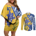 Australian Capital Territory Oztag Custom Couples Matching Off Shoulder Short Dress and Long Sleeve Button Shirt ACT Royal Bluebell Indigenous Art